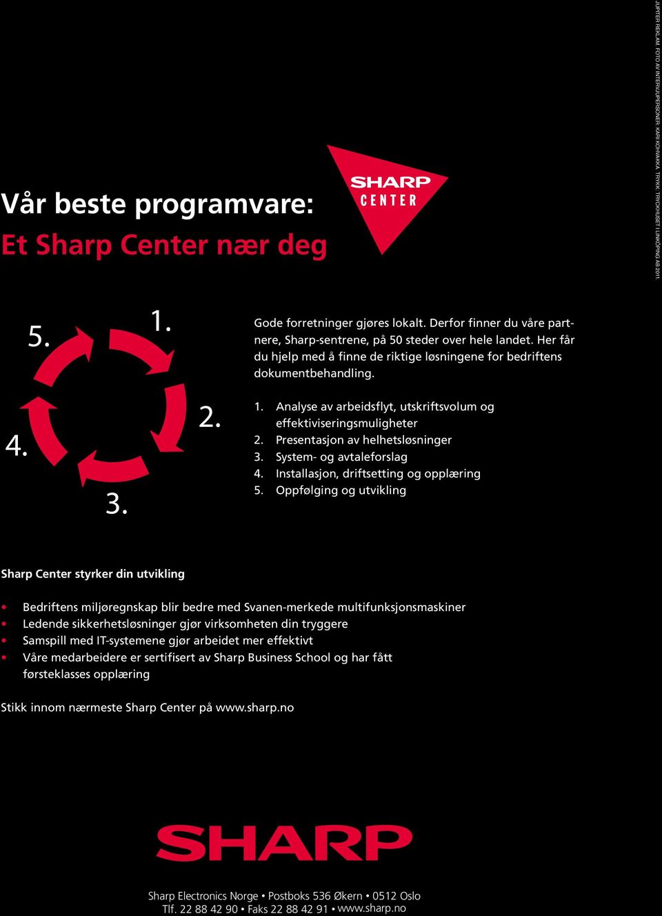 Analyse av arbeidsflyt, utskriftsvolum og effektiviseringsmuligheter 2. Presentasjon av helhetsløsninger 3. System- og avtaleforslag 4. Installasjon, driftsetting og opplæring 5.