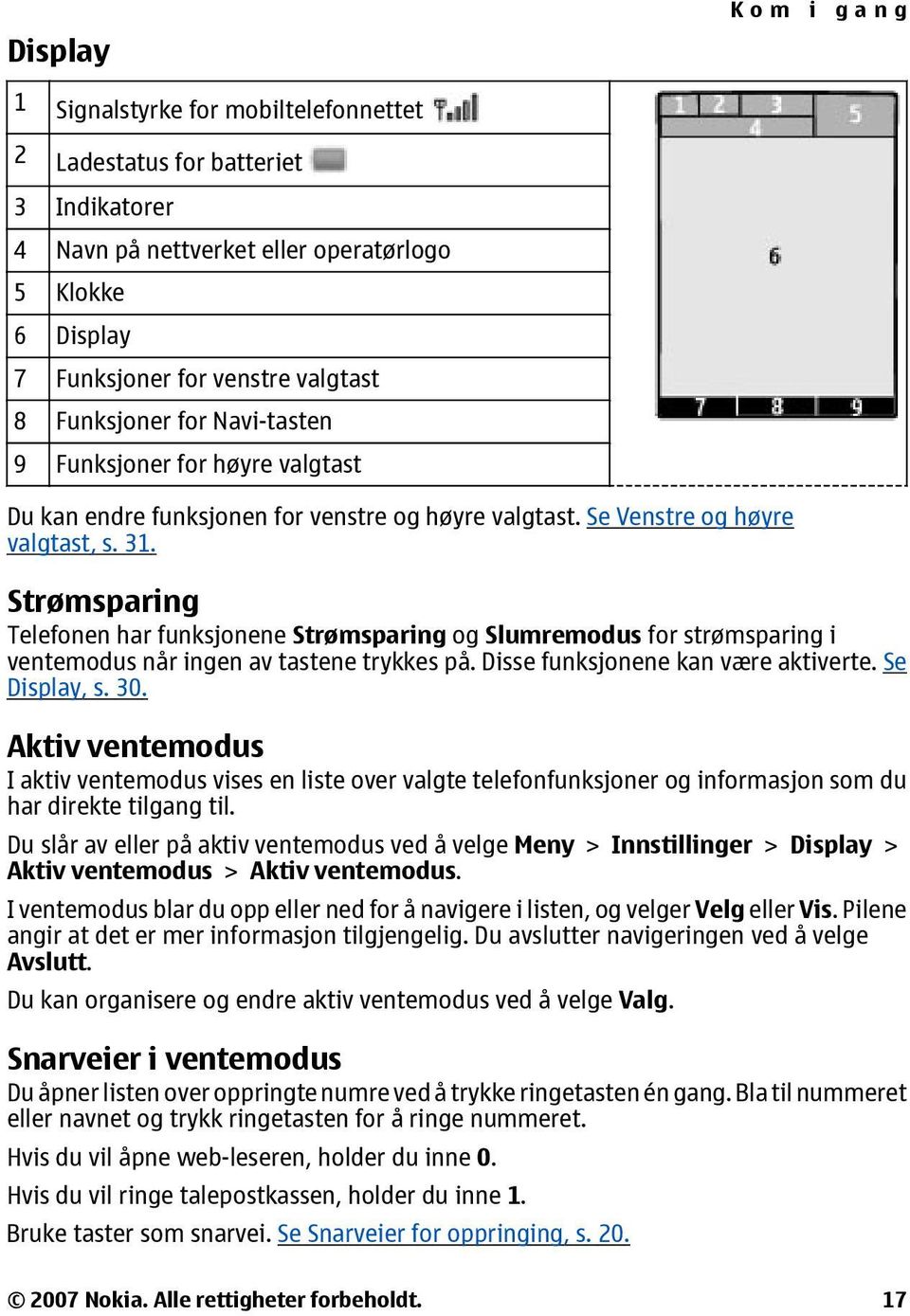 Strømsparing Telefonen har funksjonene Strømsparing og Slumremodus for strømsparing i ventemodus når ingen av tastene trykkes på. Disse funksjonene kan være aktiverte. Se Display, s. 30.