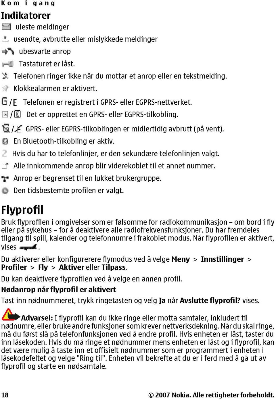 / GPRS- eller EGPRS-tilkoblingen er midlertidig avbrutt (på vent). En Bluetooth-tilkobling er aktiv. Hvis du har to telefonlinjer, er den sekundære telefonlinjen valgt.