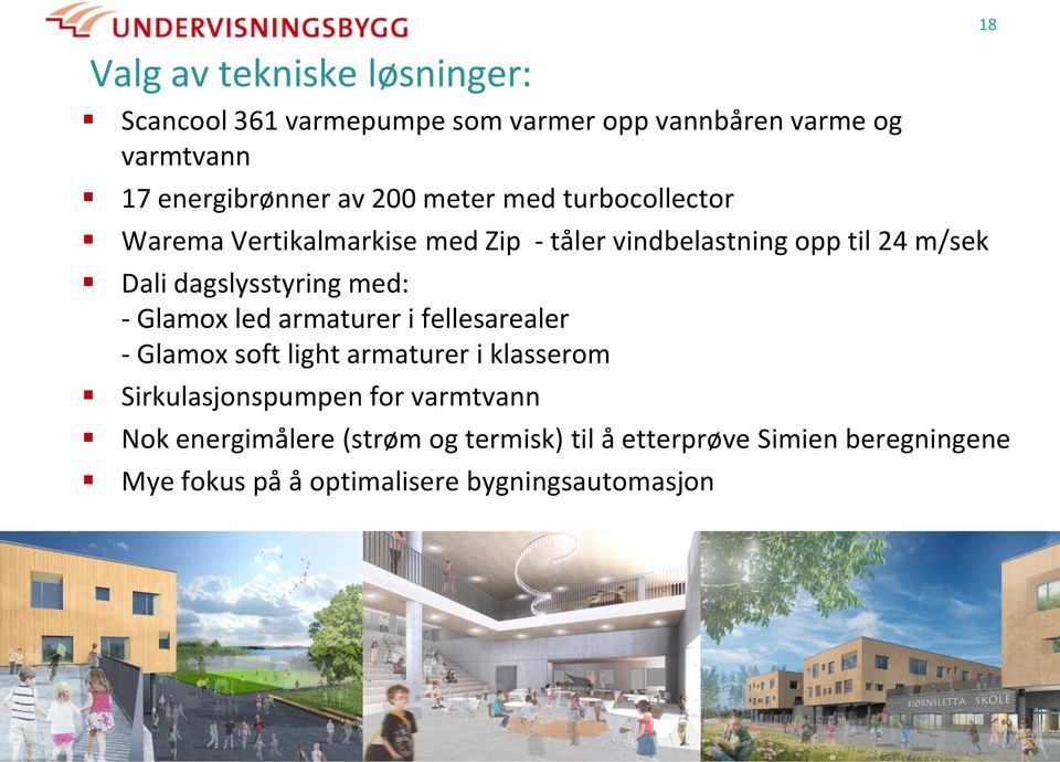 med: - Glamox led armaturer i fellesarealer - Glamox soft light armaturer i klasserom Sirkulasjonspumpen for varmtvann