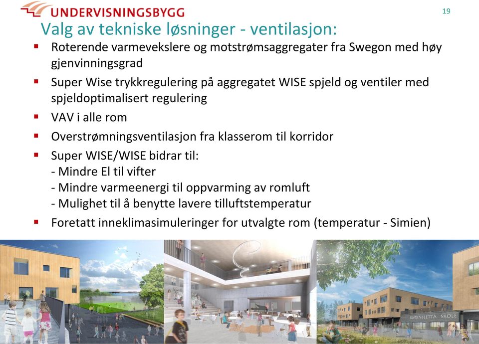 Overstrømningsventilasjon fra klasserom til korridor Super WISE/WISE bidrar til: - Mindre El til vifter - Mindre varmeenergi til