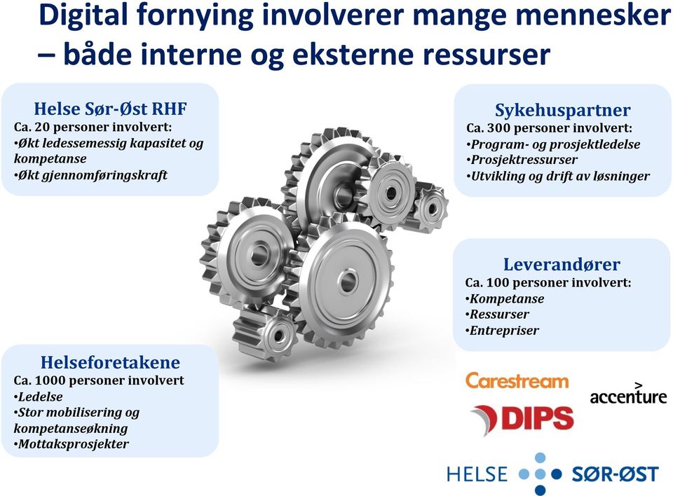 300 personer involvert: Program- og prosjektledelse Prosjektressurser Utvikling og drift av løsninger Leverandører Ca.