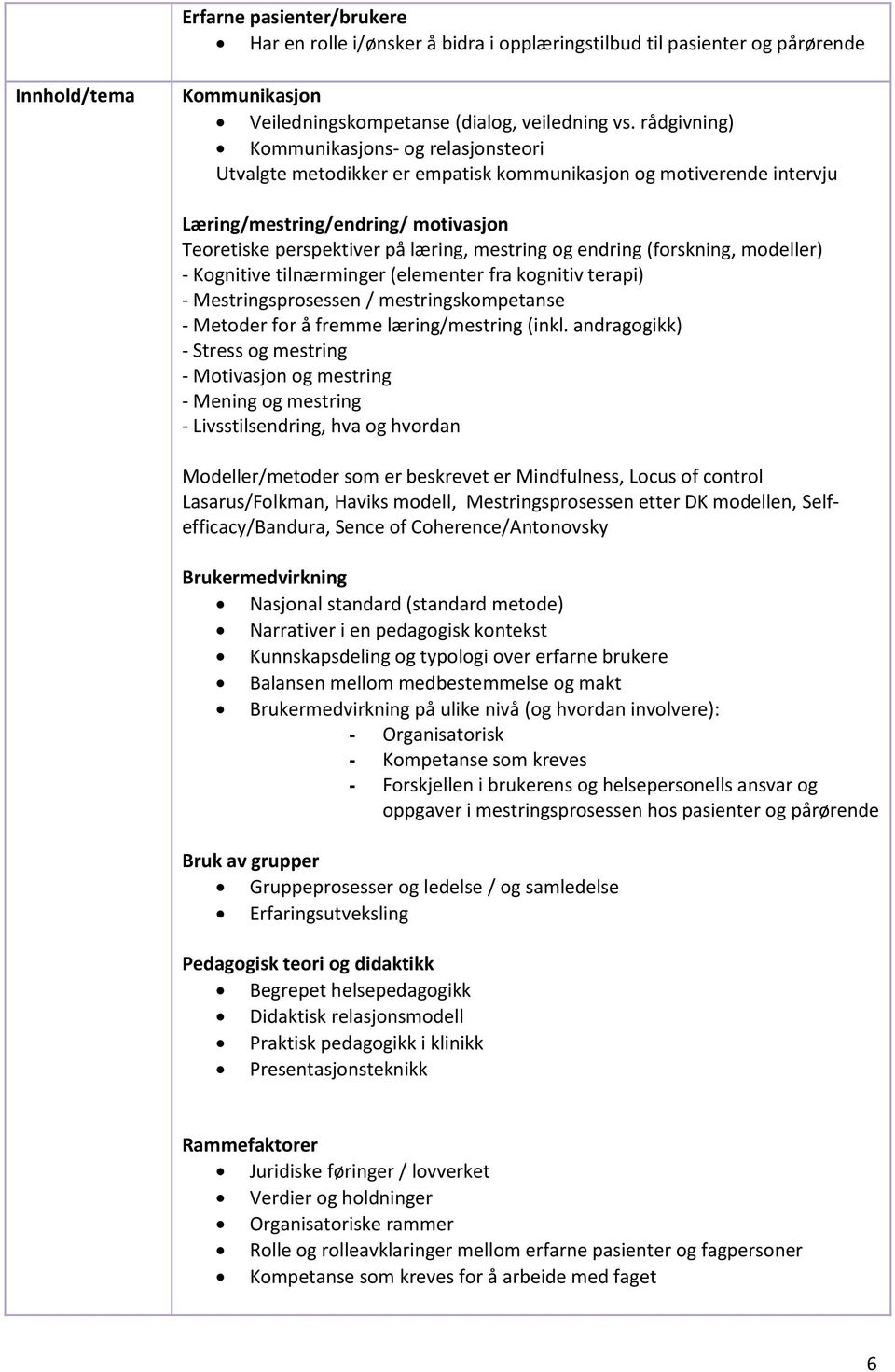 endring (forskning, modeller) - Kognitive tilnærminger (elementer fra kognitiv terapi) - Mestringsprosessen / mestringskompetanse - Metoder for å fremme læring/mestring (inkl.