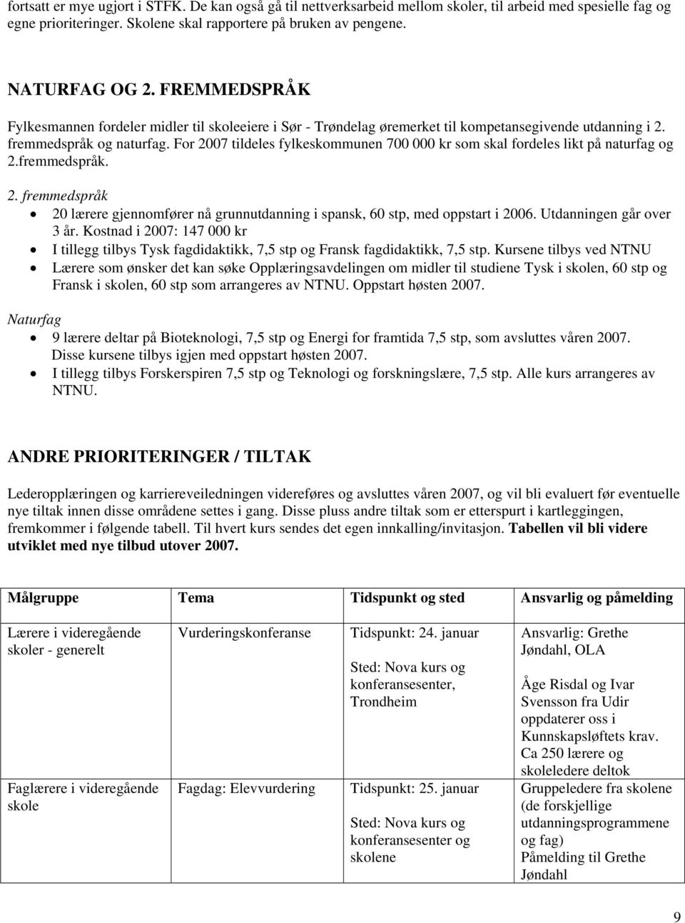 For 2007 tildeles fylkeskommunen 700 000 kr som skal fordeles likt på naturfag og 2.fremmedspråk. 2. fremmedspråk 20 lærere gjennomfører nå grunnutdanning i spansk, 60 stp, med oppstart i 2006.