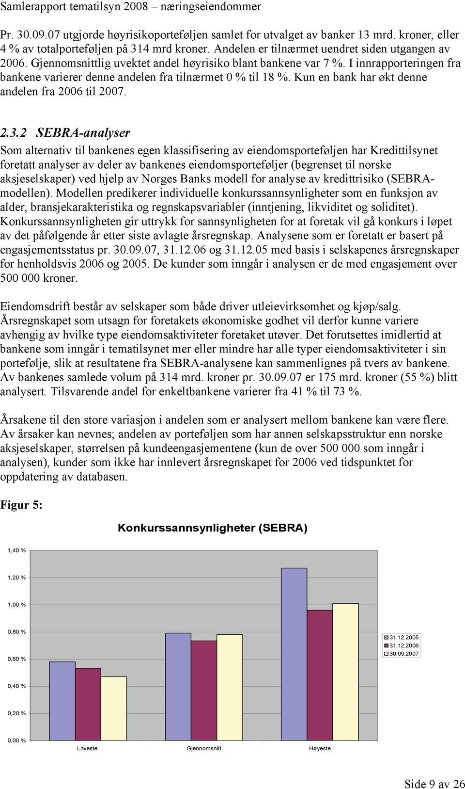 2.3.2 SEBRA-analyser Som alternativ til bankenes egen klassifisering av eiendomsporteføljen har Kredittilsynet foretatt analyser av deler av bankenes eiendomsporteføljer (begrenset til norske