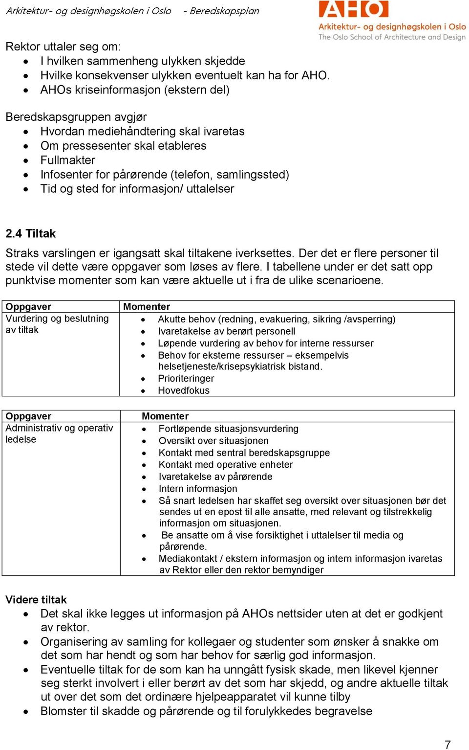 sted for informasjon/ uttalelser 2.4 Tiltak Straks varslingen er igangsatt skal tiltakene iverksettes. Der det er flere personer til stede vil dette være oppgaver som løses av flere.