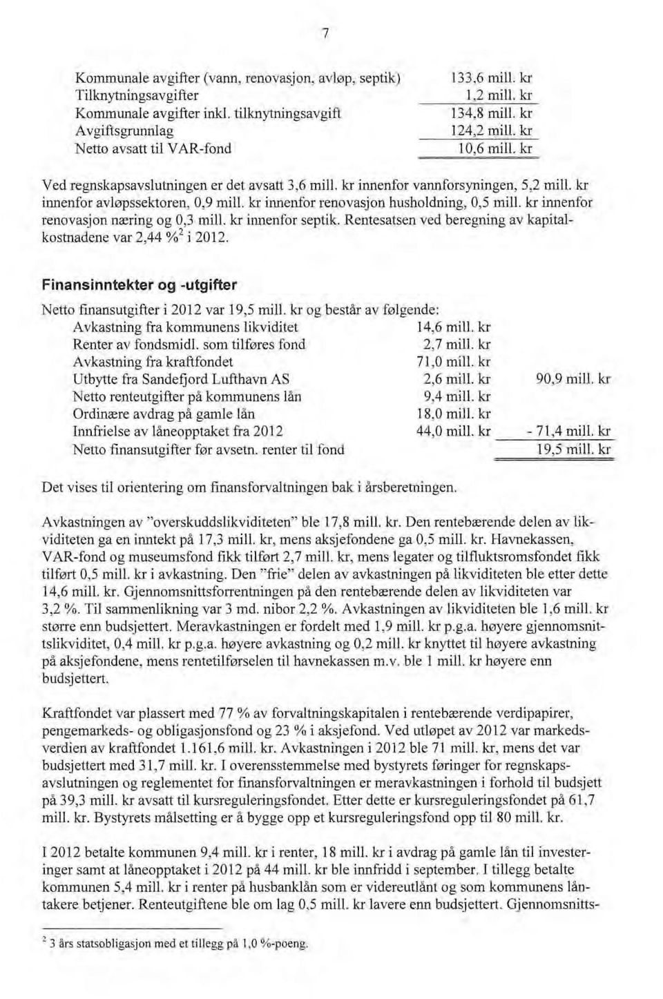 kr innenfr renvasjn næring g 0,3 mill. kr innenfr septik. Rentesatsen ved beregning av kapitalkstnadene var 2A4 % 2 i 2012. Finansinntekter g -utgifter Nett fmansutgifter i 2012 var 19,5 mill.