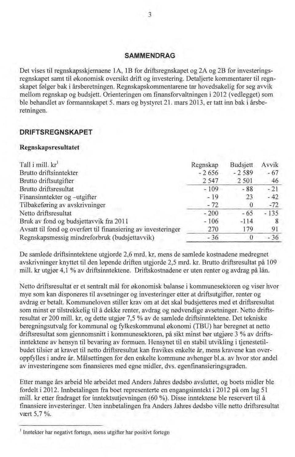 Orienteringen m finansfrvaltningen i 2012 (vedlegget) sm ble behandlet av frmannskapet 5. mars g bystyret 21. mars 2013, er tatt itm bak i årsberetningen.