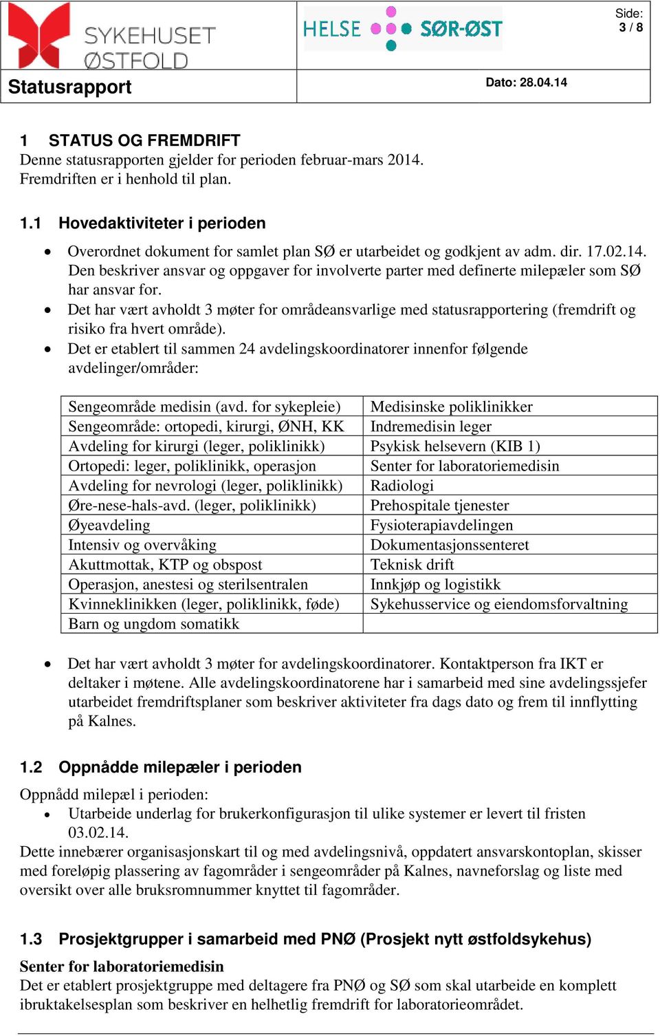 Det har vært avholdt 3 møter for områdeansvarlige med statusrapportering (fremdrift og risiko fra hvert område).