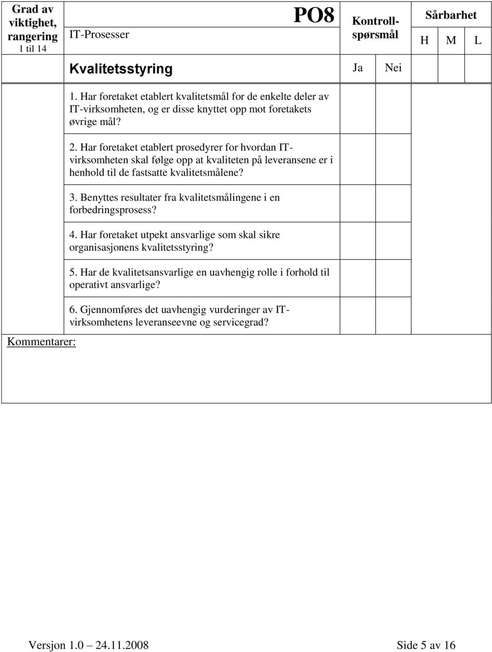 Benyttes resultater fra kvalitetsmålingene i en forbedringsprosess? 4. Har foretaket utpekt ansvarlige som skal sikre organisasjonens kvalitetsstyring? 5.