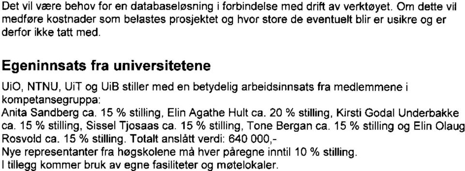 Egeninnsats fra universitetene Ui0, NTNU, UiT og UiB stiller med en betydelig arbeidsinnsats fra medlemmene i kompetansegruppa: Anita Sandberg ca.