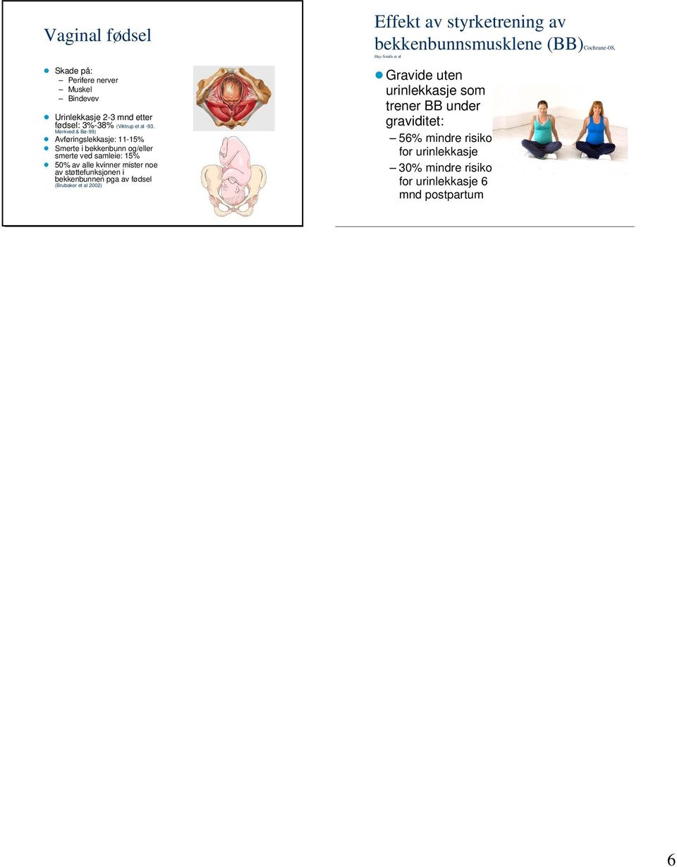 støttefunksjonen i bekkenbunnen pga av fødsel (Brubaker et al 2002) Effekt av styrketrening av bekkenbunnsmusklene (BB)Cochrane-08,