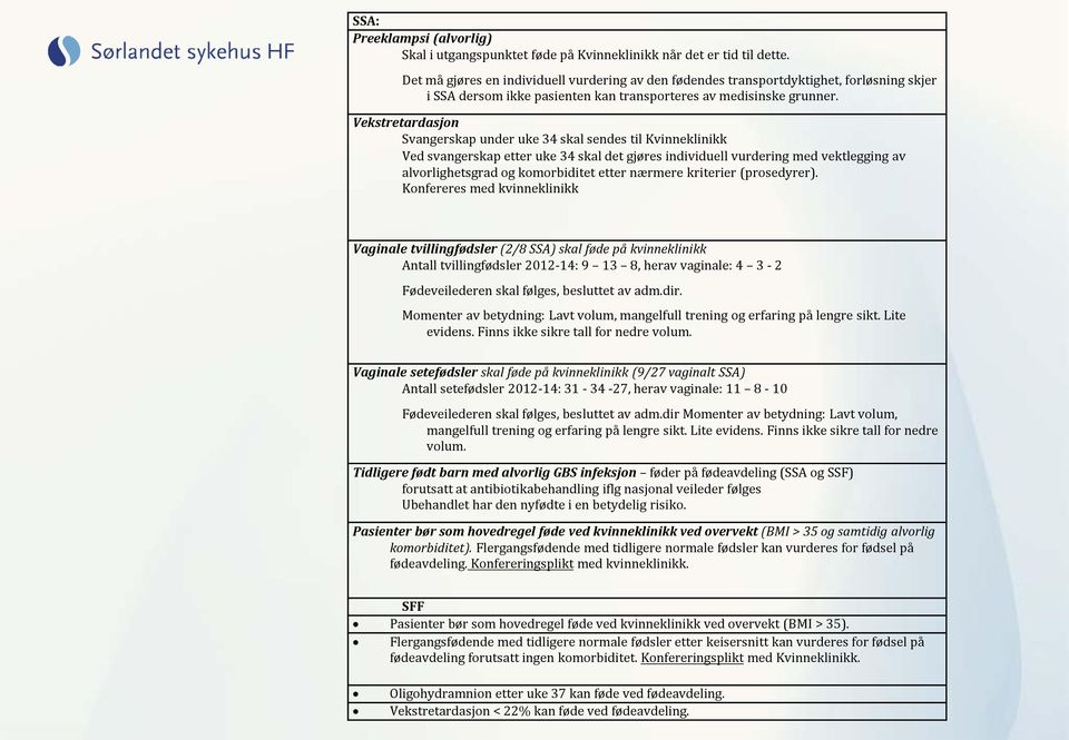 Vekstretardasjon Svangerskap under uke 34 skal sendes til Kvinneklinikk Ved svangerskap etter uke 34 skal det gjøres individuell vurdering med vektlegging av alvorlighetsgrad og komorbiditet etter