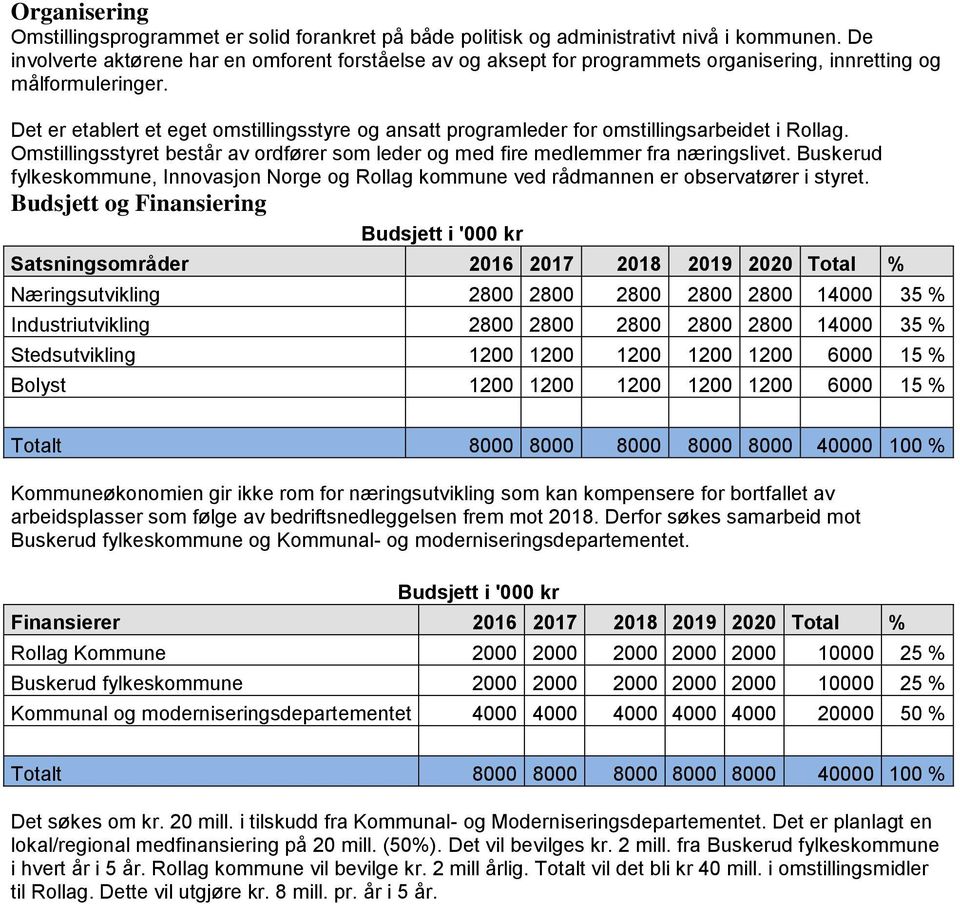 Det er etablert et eget omstillingsstyre og ansatt programleder for omstillingsarbeidet i Rollag. Omstillingsstyret består av ordfører som leder og med fire medlemmer fra næringslivet.