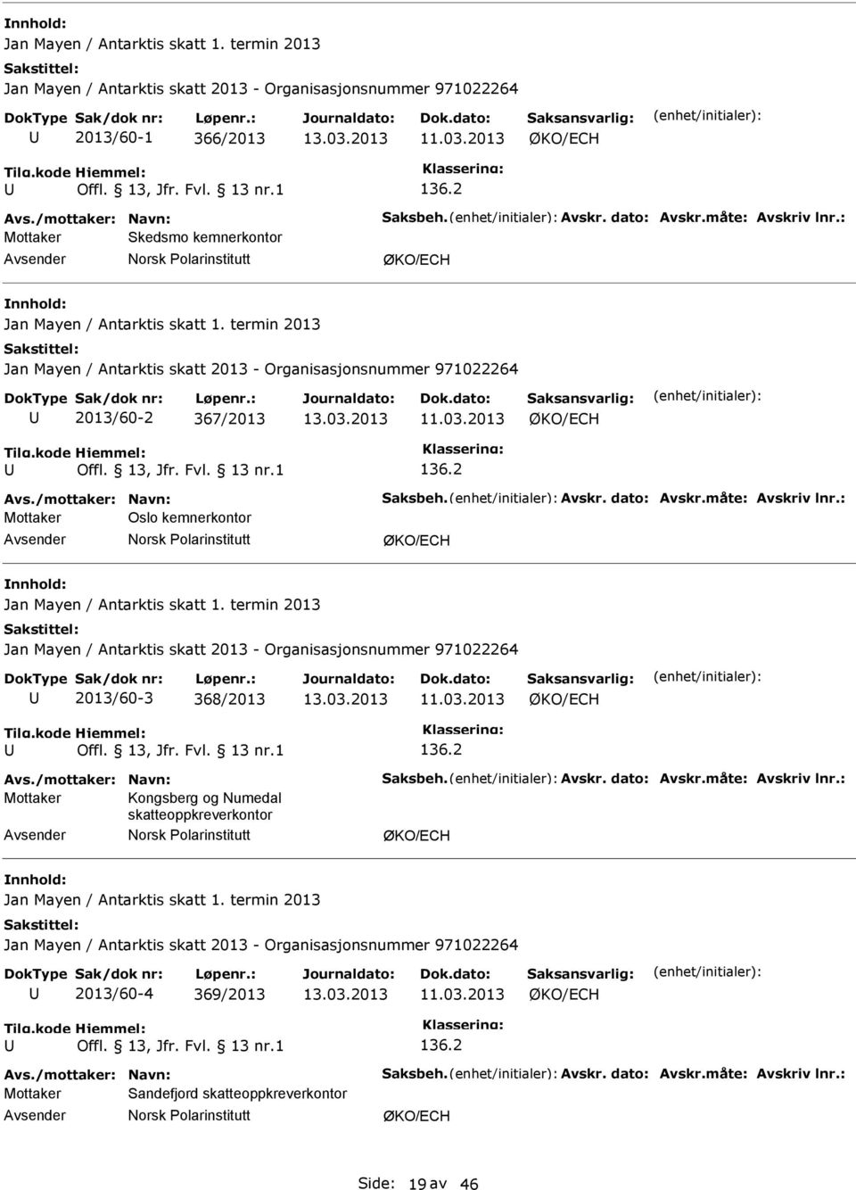 2013 - Organisasjonsnummer 971022264 2013/60-2 367/2013 Mottaker Oslo kemnerkontor  termin 2013 Jan Mayen / Antarktis skatt 2013 - Organisasjonsnummer 971022264