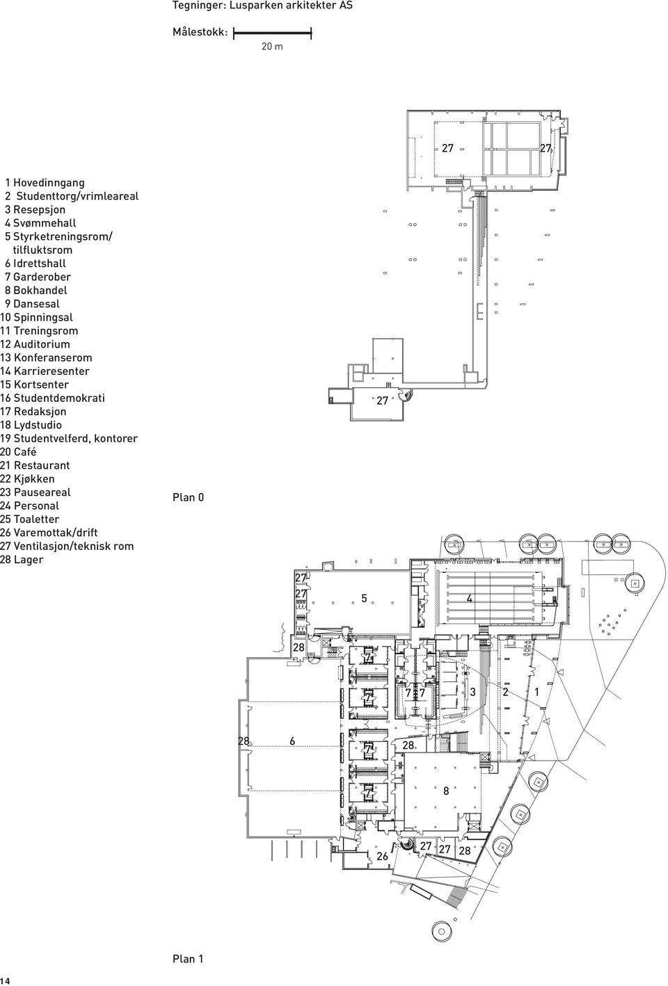 15 Kortsenter 16 Studentdemokrati 17 Redaksjon 18 Lydstudio 19 Studentvelferd, kontorer 20 Café 21 Restaurant 22 Kjøkken 23 Pauseareal 24