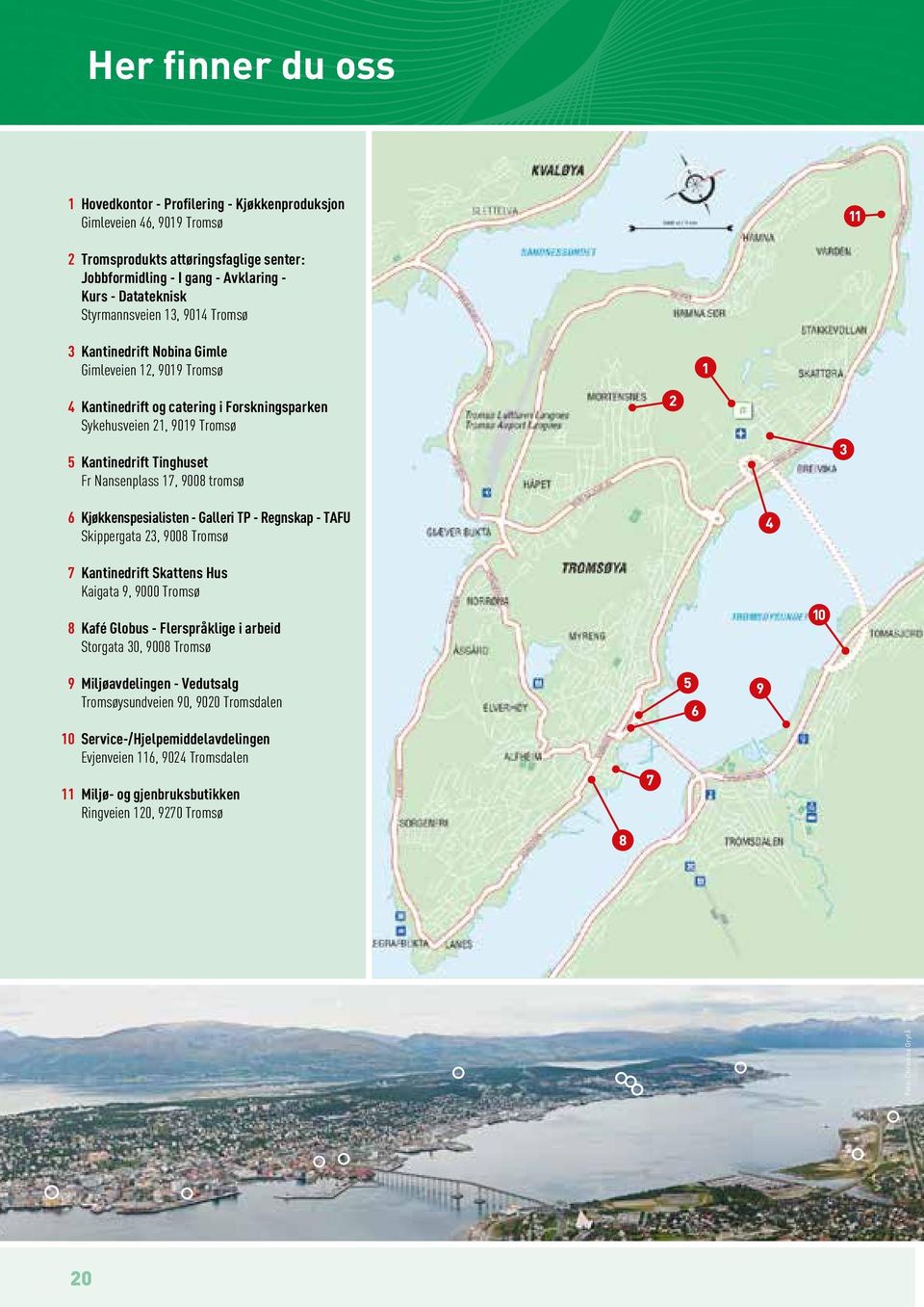 Nansenplass 17, 9008 tromsø Kjøkkenspesialisten - Galleri TP - Regnskap - TAFU Skippergata 23, 9008 Tromsø Kantinedrift Skattens Hus Kaigata 9, 9000 Tromsø Kafé Globus - Flerspråklige i arbeid