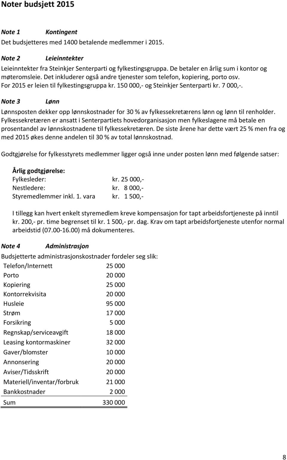 150 000,- og Steinkjer Senterparti kr. 7 000,-. Note 3 Lønn Lønnsposten dekker opp lønnskostnader for 30 % av fylkessekretærens lønn og lønn til renholder.