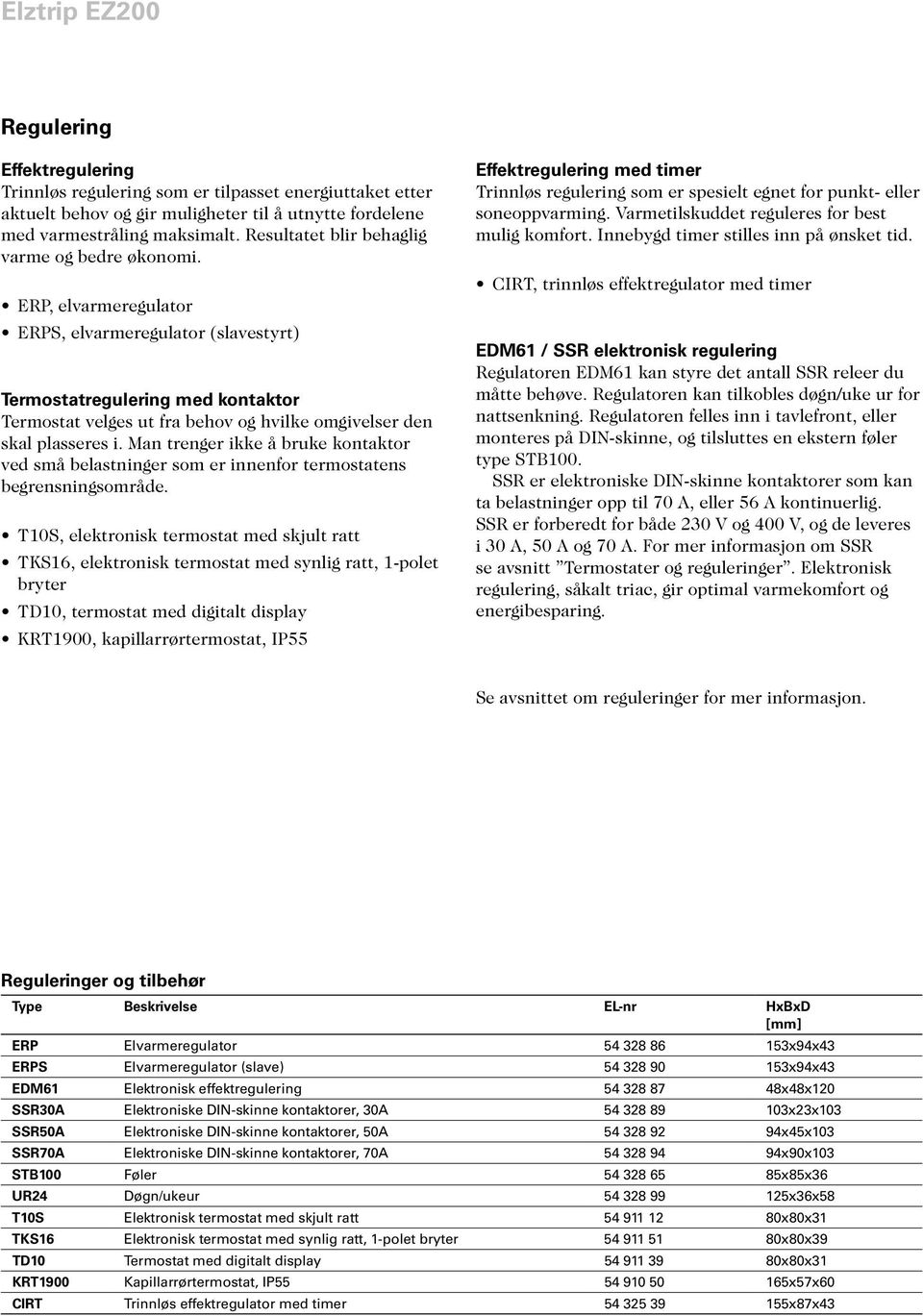 ERP, elvarmeregulator ERPS, elvarmeregulator (slavestyrt) Termostatregulering med kontaktor Termostat velges ut fra behov og hvilke omgivelser den skal plasseres i.