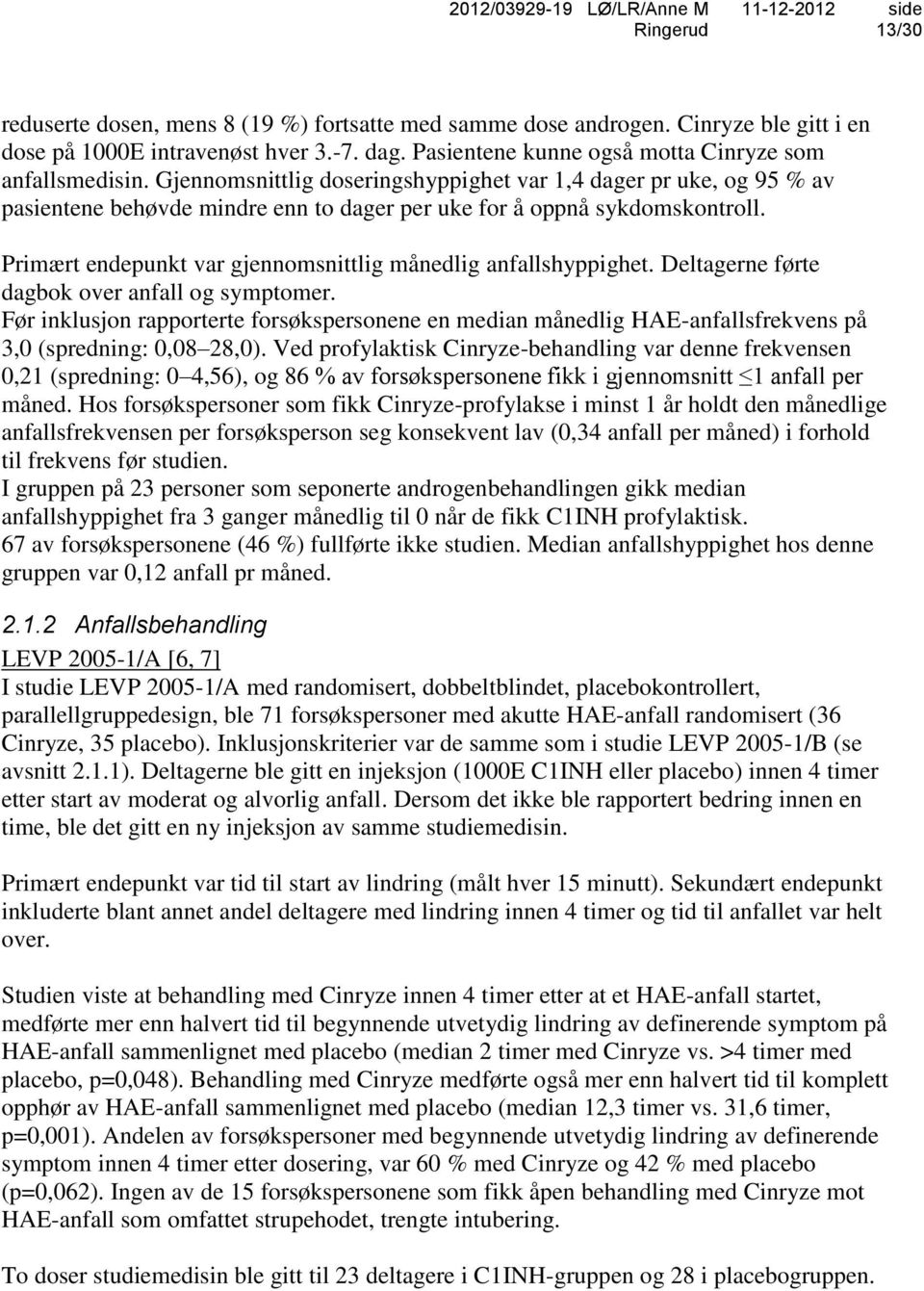 Primært endepunkt var gjennomsnittlig månedlig anfallshyppighet. Deltagerne førte dagbok over anfall og symptomer.