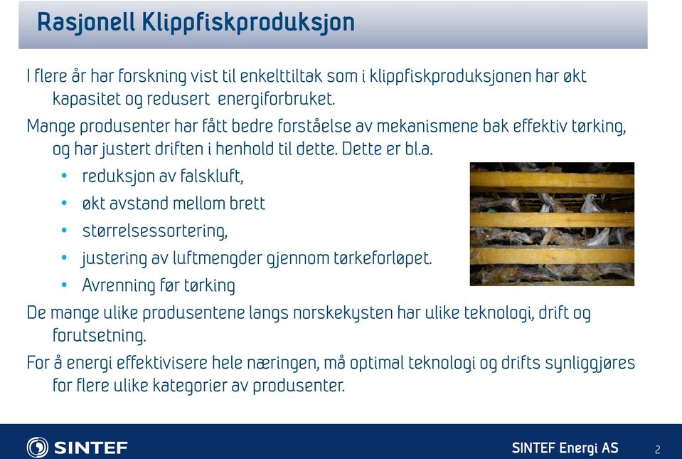 Avrenning før tørking De mange ulike produsentene langs norskekysten har ulike teknologi, drift og forutsetning.