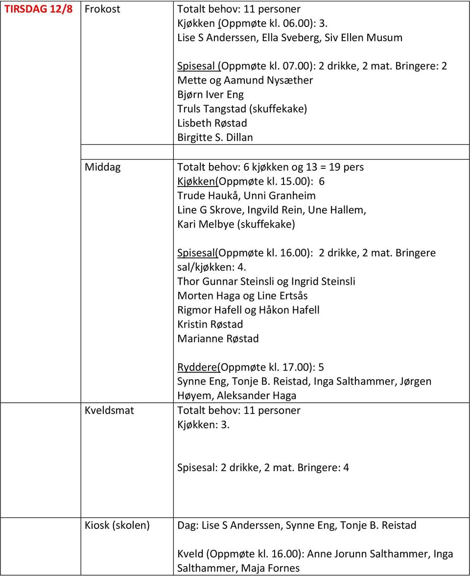 00): 6 Trude Haukå, Unni Granheim Line G Skrove, Ingvild Rein, Une Hallem, Kari Melbye (skuffekake) Spisesal(Oppmøte kl. 16.00): 2 drikke, 2 mat. Bringere sal/kjøkken: 4.