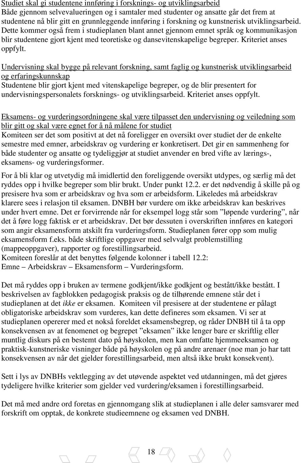 Dette kommer også frem i studieplanen blant annet gjennom emnet språk og kommunikasjon blir studentene gjort kjent med teoretiske og dansevitenskapelige begreper. Kriteriet anses oppfylt.