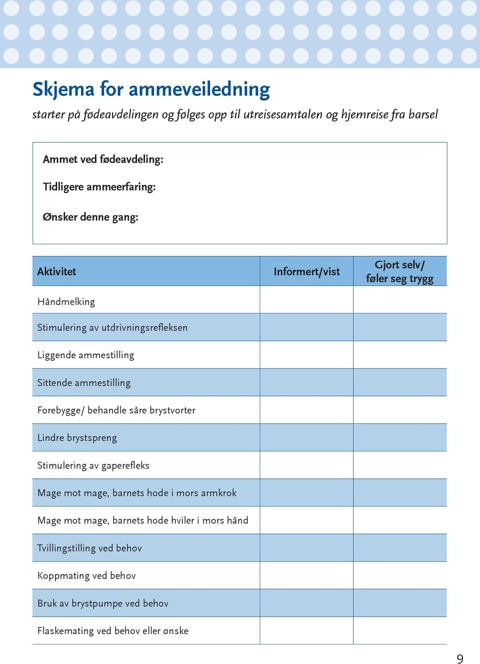 ammestilling Sittende ammestilling Forebygge/ behandle såre brystvorter Lindre brystspreng Stimulering av gaperefleks Mage mot mage, barnets hode i