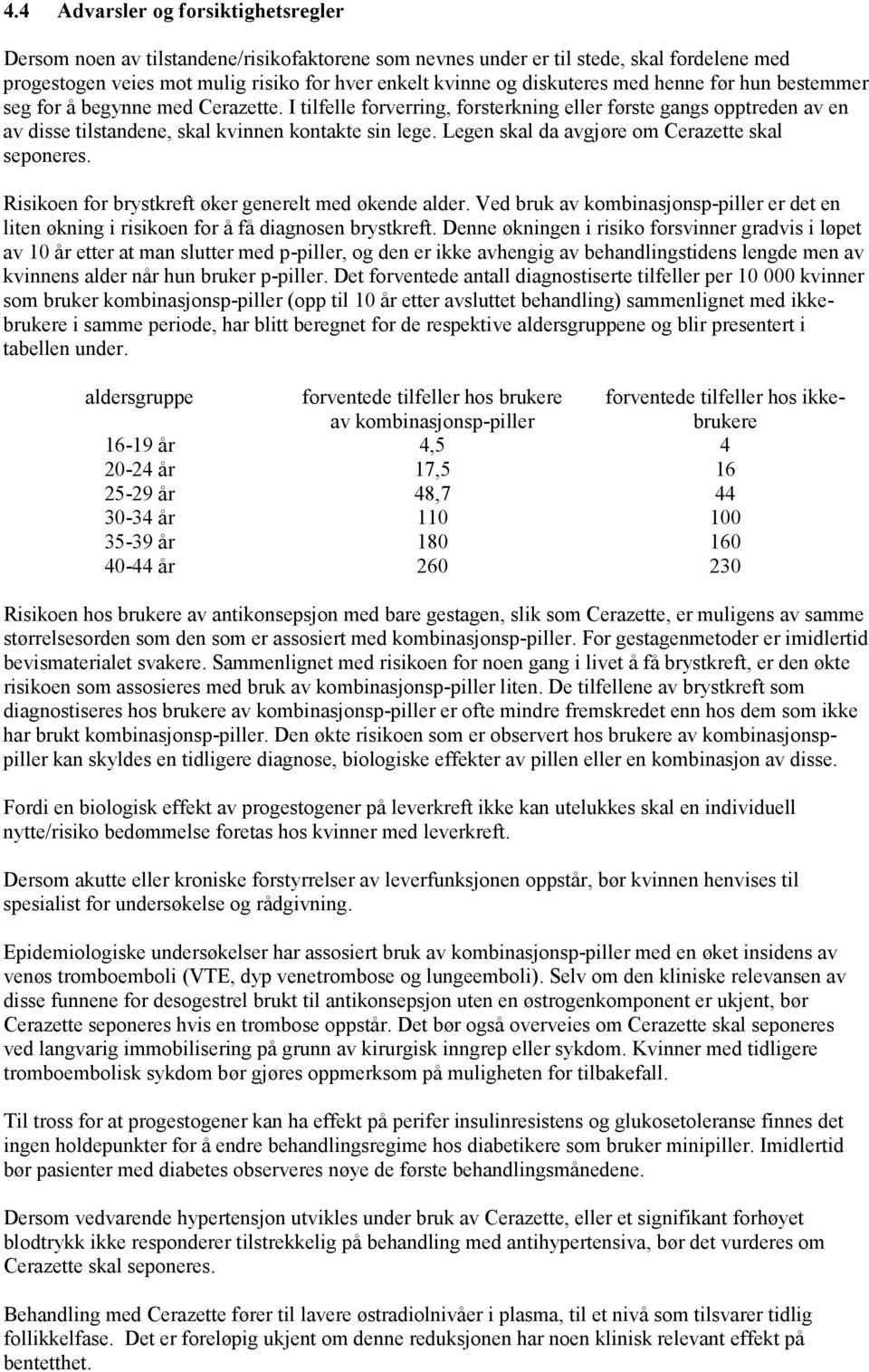 Legen skal da avgjøre om Cerazette skal seponeres. Risikoen for brystkreft øker generelt med økende alder.