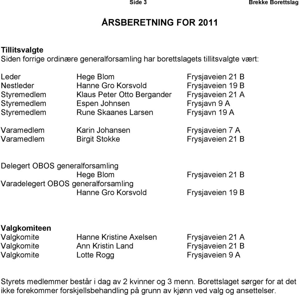 Frysjaveien 7 A Varamedlem Birgit Stokke Frysjaveien 21 B Delegert OBOS generalforsamling Hege Blom Varadelegert OBOS generalforsamling Hanne Gro Korsvold Frysjaveien 21 B Frysjaveien 19 B