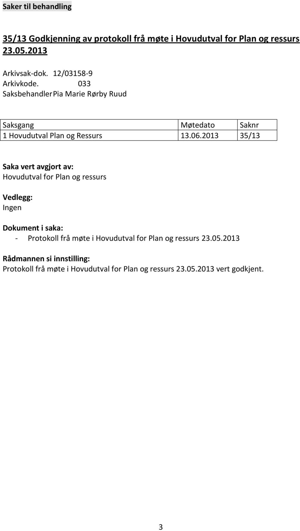 2013 35/13 Saka vert avgjort av: Hovudutval for Plan og ressurs Vedlegg: Ingen Dokument i saka: - Protokoll frå møte i