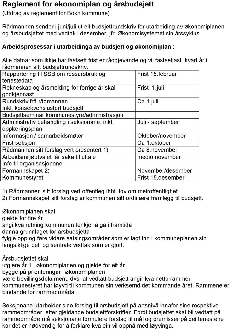 Arbeidsprosessar i utarbeidinga av budsjett og økonomiplan : Alle datoar som ikkje har fastsett frist er rådgjevande og vil fastsetjast kvart år i rådmannen sitt budsjettrundskriv.