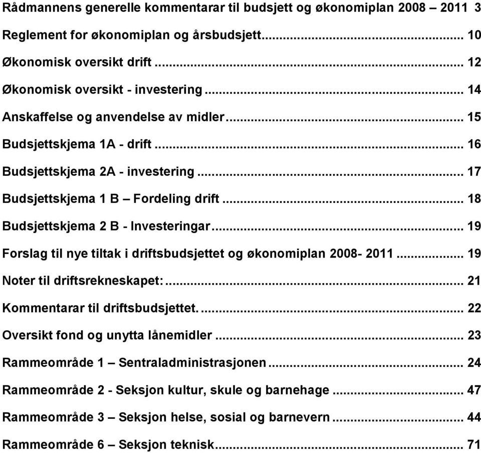 .. 18 Budsjettskjema 2 B - Investeringar... 19 Forslag til nye tiltak i driftsbudsjettet og økonomiplan 2008-2011... 19 Noter til driftsrekneskapet:... 21 Kommentarar til driftsbudsjettet.