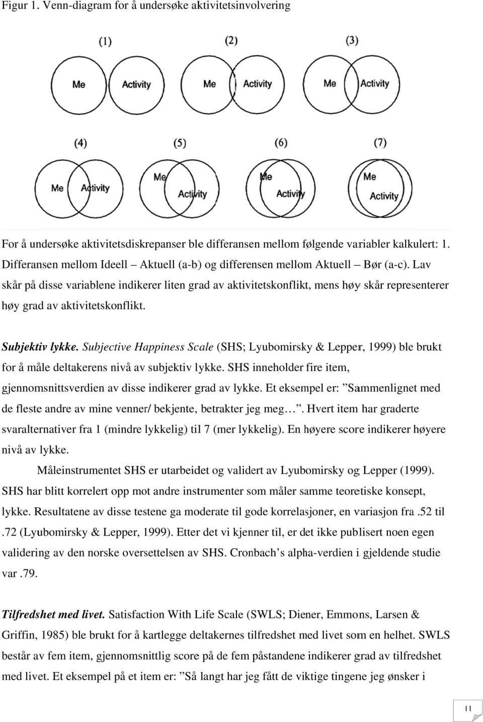 Lav skår på disse variablene indikerer liten grad av aktivitetskonflikt, mens høyy skår representerer høy grad av aktivitetskonflikt. Subjektiv lykke.