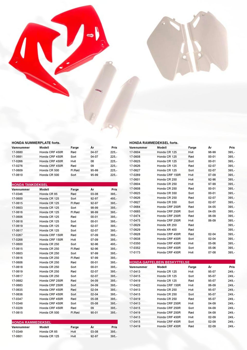 Rød 95-99 225,- 17-0610 Honda CR 500 Sort 95-99 225,- HONDA Tankdeksel 17-0346 Honda CR 85 Rød 03-08 395,- 17-0600 Honda CR 125 Sort 92-97 495,- 17-0615 Honda CR 125 Fl.