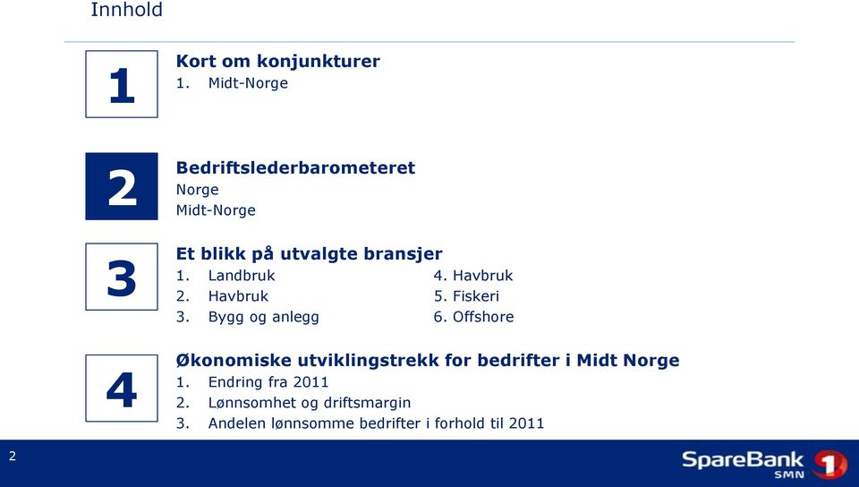 Landbruk 4. Havbruk 2. Havbruk 5. Fiskeri 3. Bygg og anlegg 6.