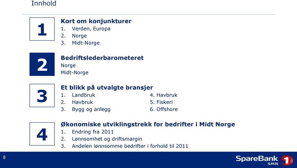 Landbruk 4. Havbruk 2. Havbruk 5. Fiskeri 3. Bygg og anlegg 6.