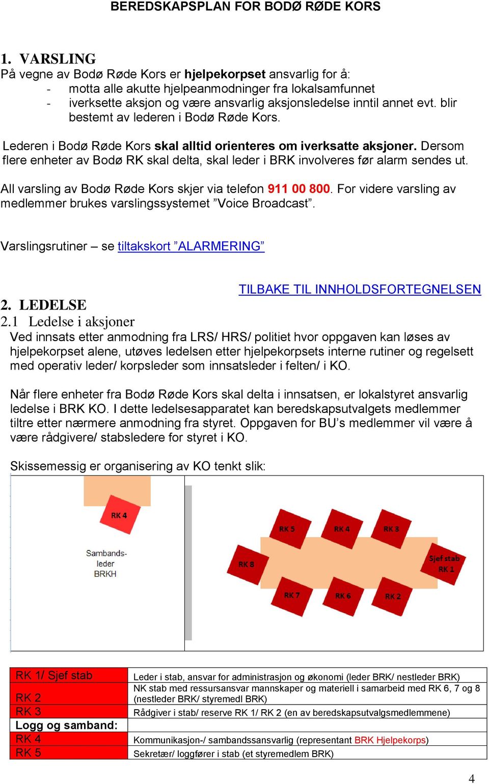 Dersom flere enheter av Bodø RK skal delta, skal leder i BRK involveres før alarm sendes ut. All varsling av Bodø Røde Kors skjer via telefon 911 00 800.