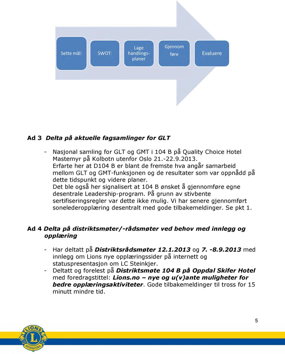 Det ble også her signalisert at 104 B ønsket å gjennomføre egne desentrale Leadership-program. På grunn av stivbente sertifiseringsregler var dette ikke mulig.