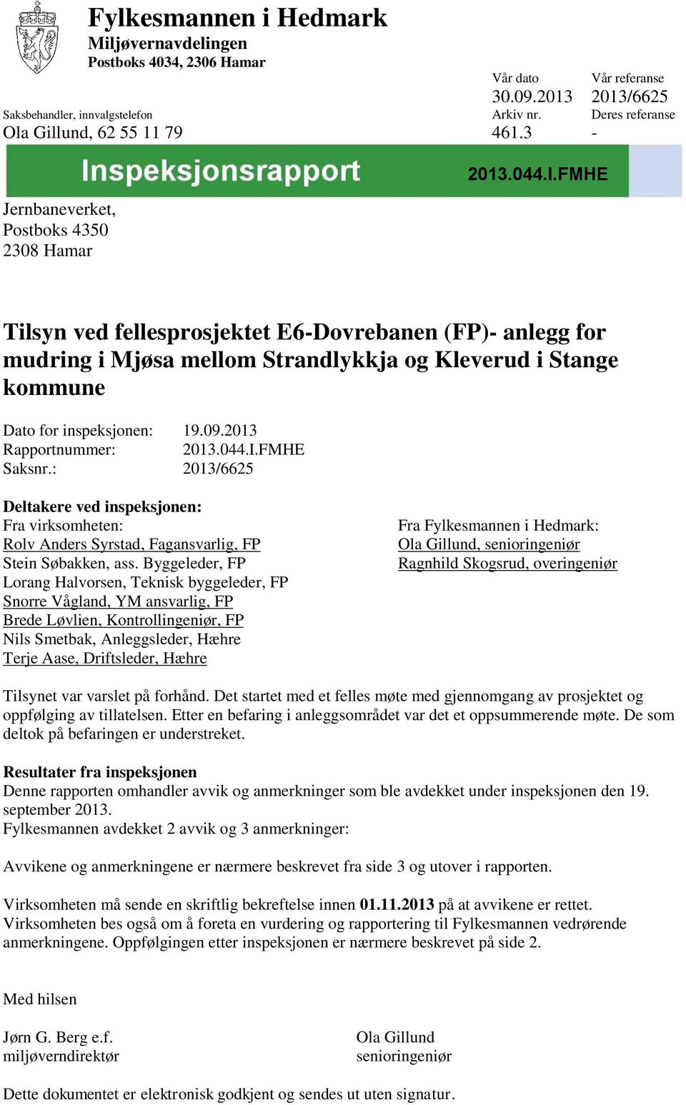 FMHE Tilsyn ved fellesprosjektet E6-Dovrebanen (FP)- anlegg for mudring i Mjøsa mellom Strandlykkja og Kleverud i Stange kommune Dato for inspeksjonen: 19.09.2013 Rapportnummer: 2013.044.I.