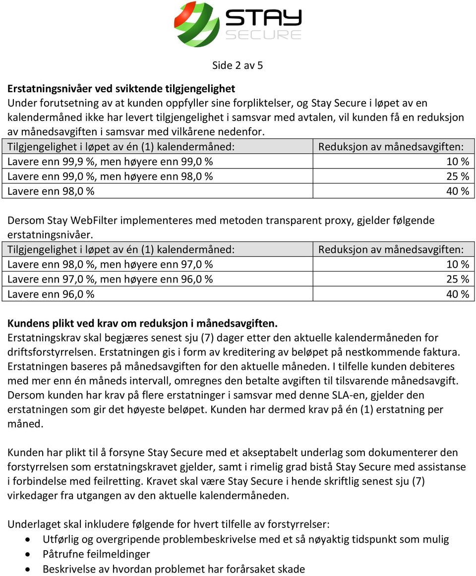 Tilgjengelighet i løpet av én (1) kalendermåned: Lavere enn 99,9 %, men høyere enn 99,0 % 10 % Lavere enn 99,0 %, men høyere enn 98,0 % 25 % Lavere enn 98,0 % 40 % Dersom Stay WebFilter implementeres