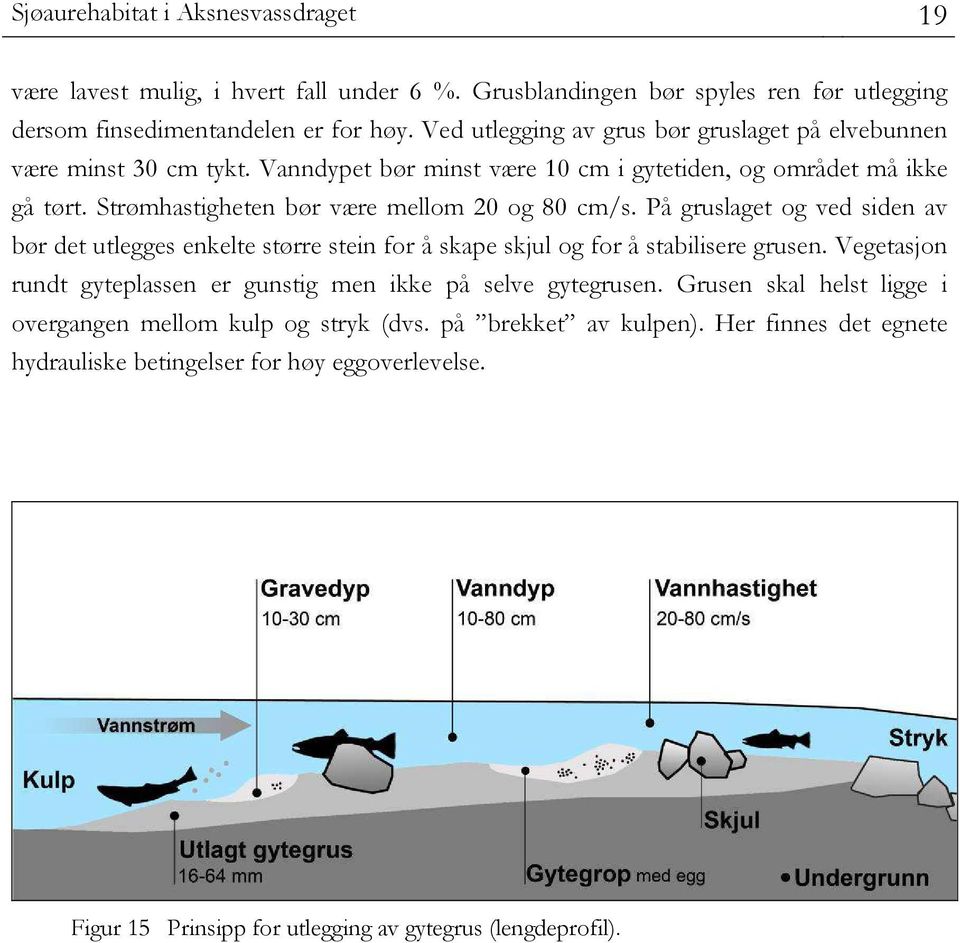 Strømhastigheten bør være mellom 20 og 80 cm/s. På gruslaget og ved siden av bør det utlegges enkelte større stein for å skape skjul og for å stabilisere grusen.