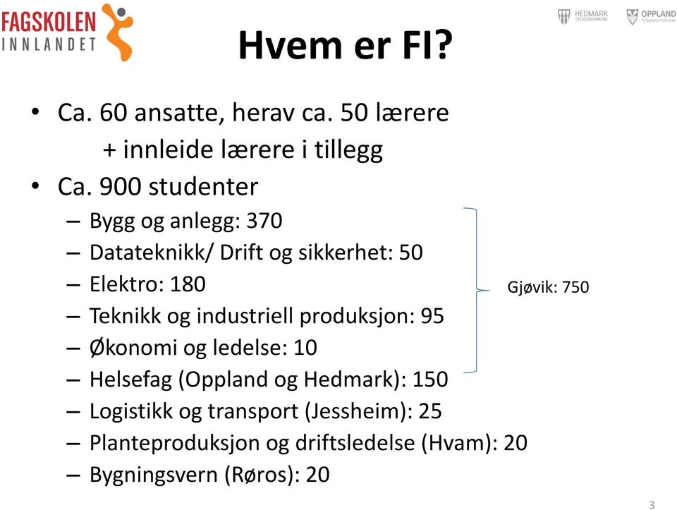 industriell produksjon: 95 Økonomi og ledelse: 10 Helsefag (Oppland og Hedmark): 150 Logistikk