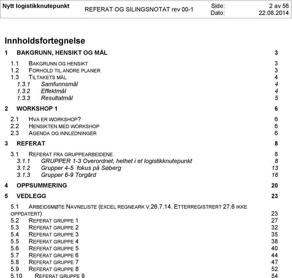 1.3 Grupper 6-9 Torgård 16 4 OPPSUMMERING 20 5 VEDLEGG 23 5.1 ARBEIDSMØTE NAVNELISTE (EXCEL REGNEARK V.26.7.14. ETTERREGISTRERT 27.6 IKKE OPPDATERT) 23 5.2 REFERAT GRUPPE 1 27 5.