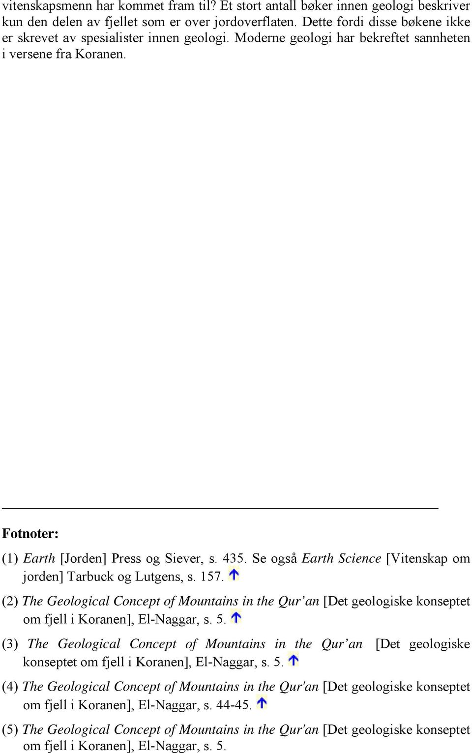 Se også Earth Science [Vitenskap om jorden] Tarbuck og Lutgens, s. 157. (2) The Geological Concept of Mountains in the Qur an [Det geologiske konseptet om fjell i Koranen], El-Naggar, s. 5.