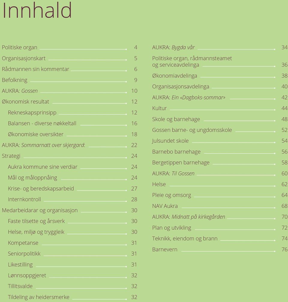 Faste tilsette og årsverk 30 Helse, miljø og tryggleik 30 Kompetanse 31 Seniorpolitikk 31 AUKRA: Bygda vår 34 Politiske organ, rådmannsteamet og serviceavdelinga 36 Økonomiavdelinga 38