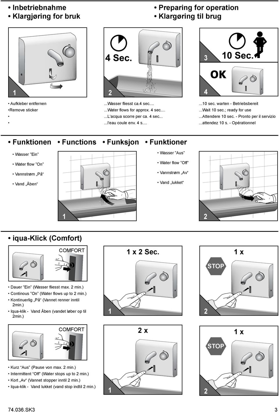 - Opérationnel Funktionen Functions Funksjon Funktioner Wasser Ein Water flow On Vannstrøm På Vand Åben Wasser Aus Water flow Off Vannstrøm Av Vand lukket iqua-klick (Comfort) COMFORT x Sec.