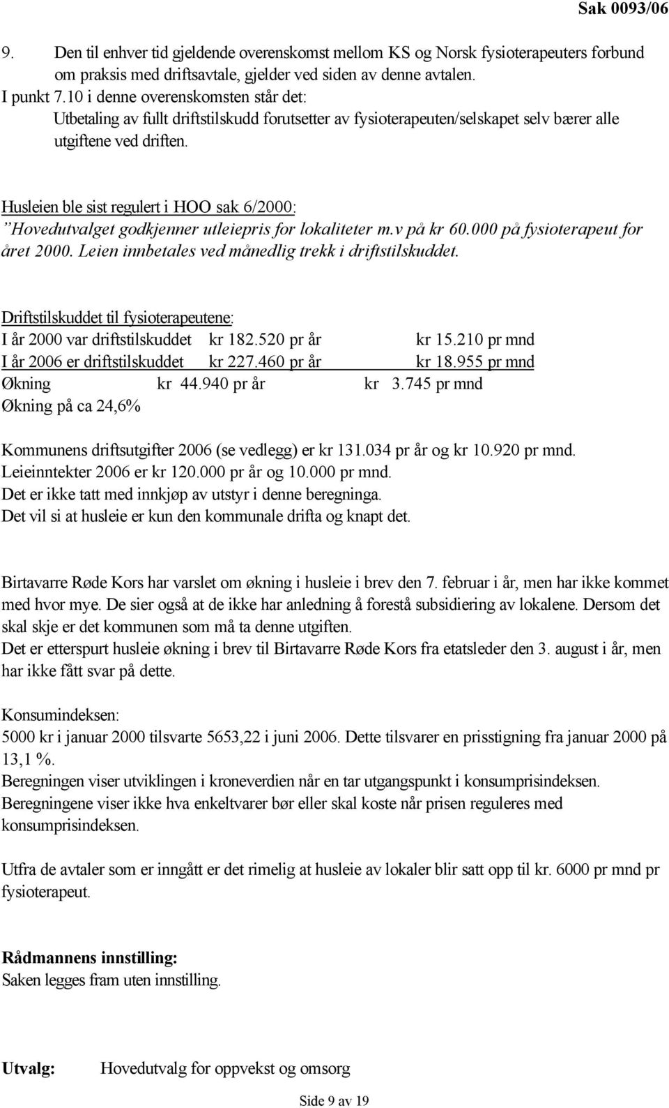 Husleien ble sist regulert i HOO sak 6/2000: Hovedutvalget godkjenner utleiepris for lokaliteter m.v på kr 60.000 på fysioterapeut for året 2000.