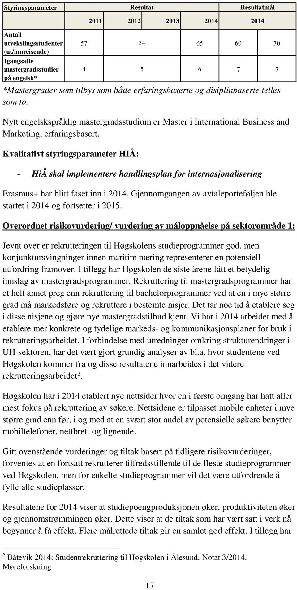 Kvalitativt styringsparameter HIÅ: 2011 2012 2013 2014 2014 57 54 65 60 70 4 5 6 7 7 - HiÅ skal implementere handlingsplan for internasjonalisering Erasmus+ har blitt faset inn i 2014.