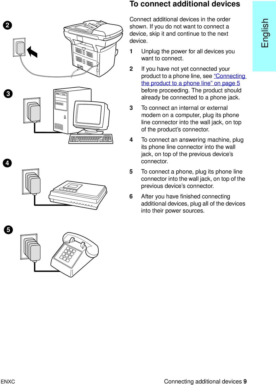 The product should already be connected to a phone jack. 3 To connect an internal or external modem on a computer, plug its phone line connector into the wall jack, on top of the product s connector.